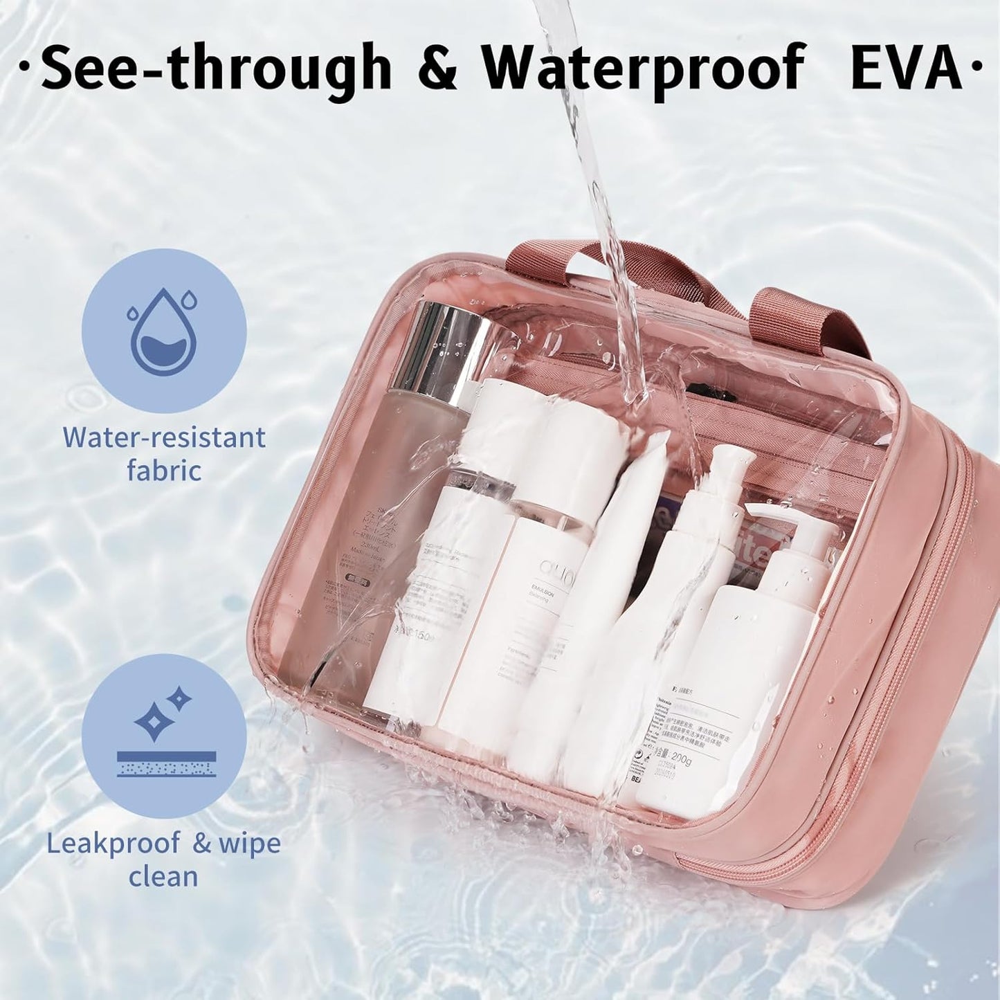 ECOHUB Clear Hanging Toiletry Bag, 9L Large Capacity Travel Makeup Bag, Waterproof Cosmetic Bag Fit Full Sized Toiletries or Cosmetics, Foldable Hygiene Bag for Makeup Accessories (Pink)