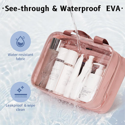 ECOHUB Clear Hanging Toiletry Bag, 9L Large Capacity Travel Makeup Bag, Waterproof Cosmetic Bag Fit Full Sized Toiletries or Cosmetics, Foldable Hygiene Bag for Makeup Accessories (Pink)