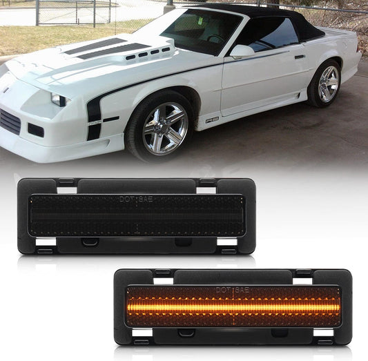 NSLUMO LED Front Side Marker Lights Replacement for 82-92 Chevy Camaro Euro Smoked Lens Amber Led Bumper Side Signal Parking Marker Light Assembly Replace OEM Sidemarker Lamps
