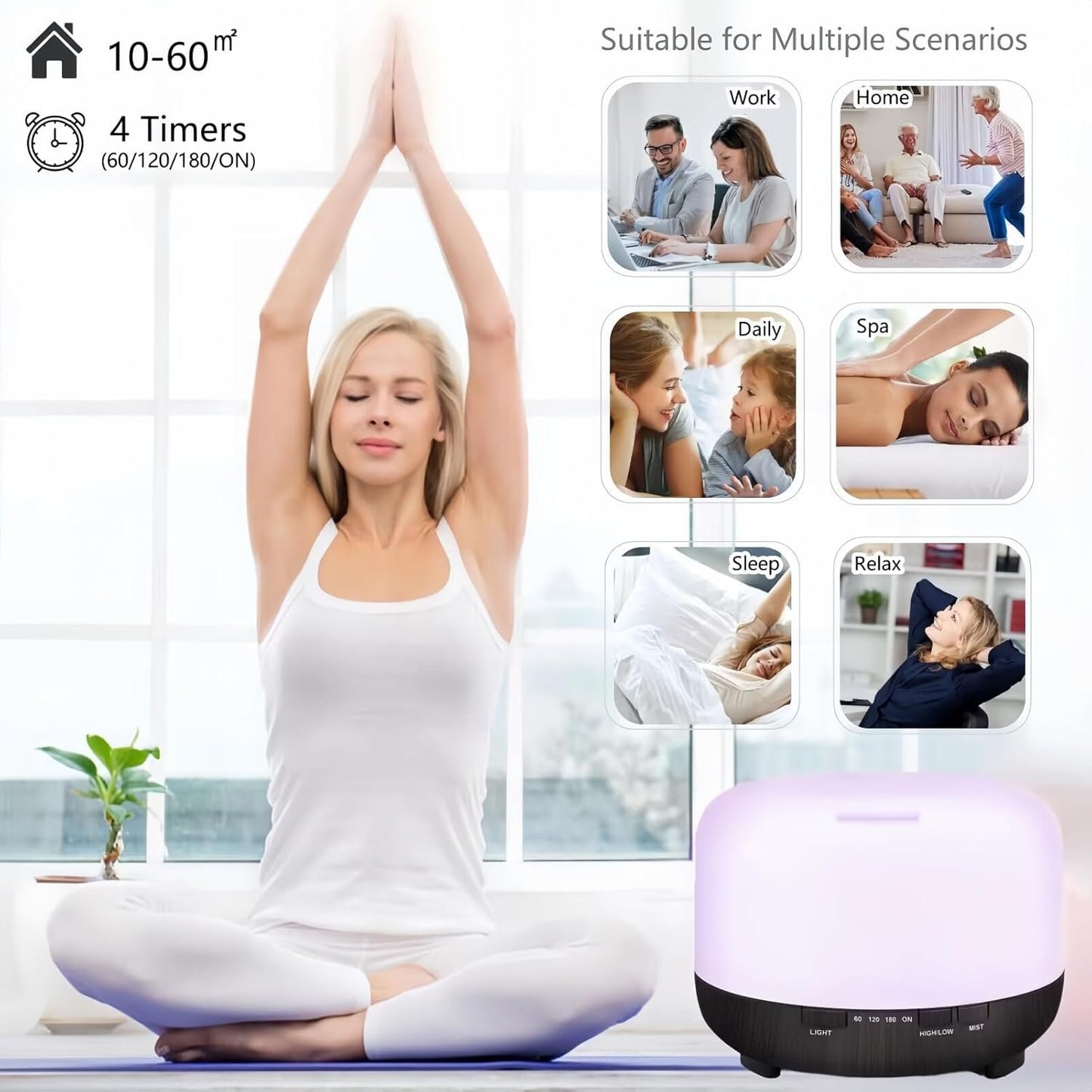 Diffusers for Essential Oils - Essential Oil Diffusers with Remote Control, 500ml Waterless Auto-Off 4 Timers 7Color Light Cool Mist Air Humidifier for Home Bedroom Office Plants Aromatherapy