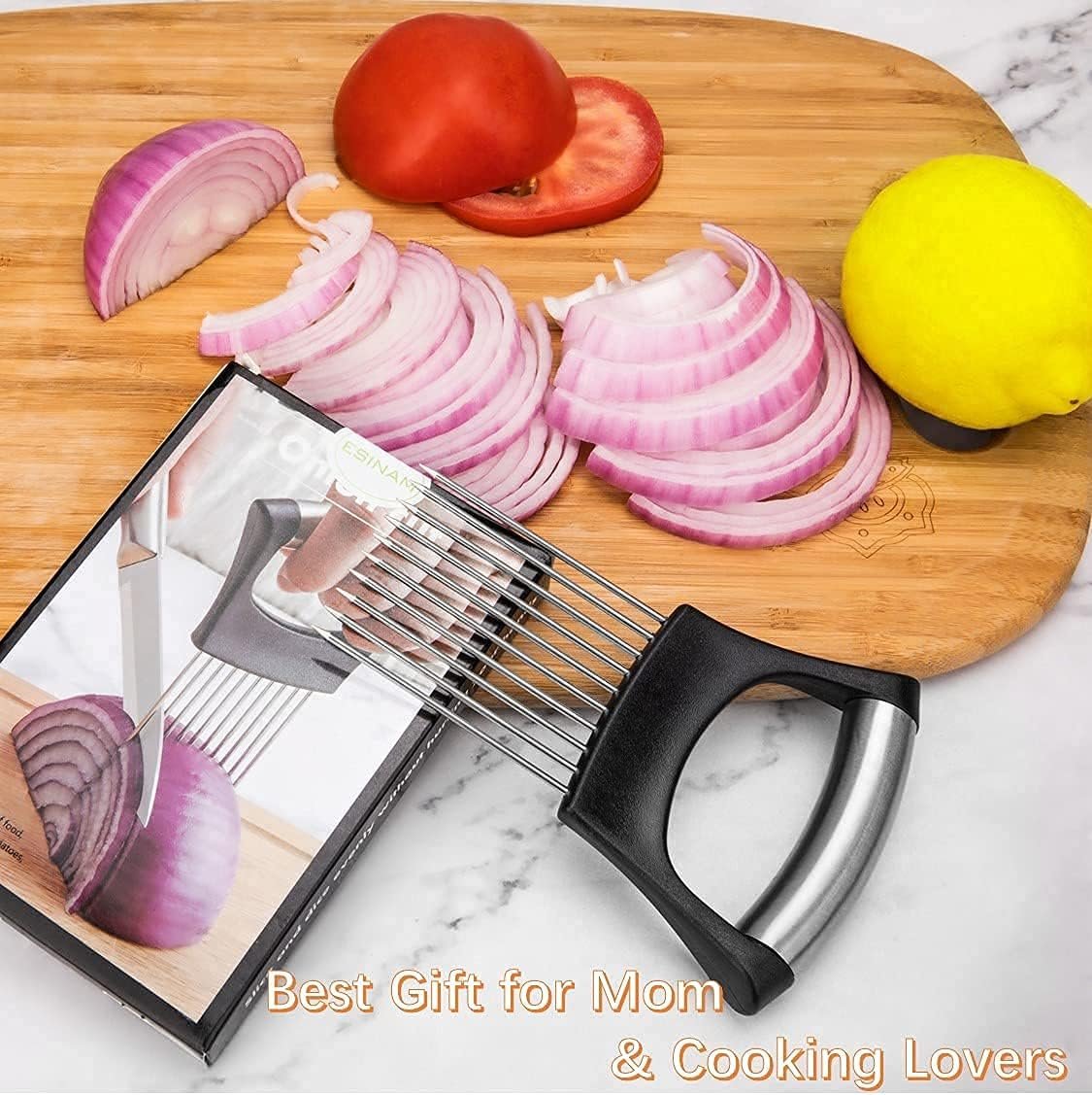 ESINAM Onion Slicer Holder, Premium Vegetable Slicer Cutter for Potato and Tomato, Sharp Stainless Steel Food Slicer Assistant Tool for Slicing Fruit Lemon and Meat