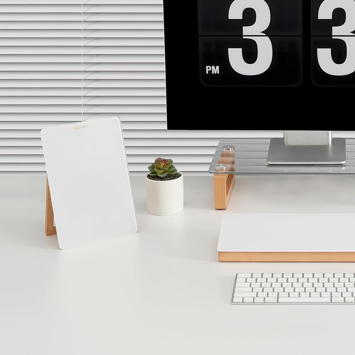 Desktop Glass Whiteboard with Reversible Wood Stand, Small White Board, Mini Dry Erase Whiteboard Easel for Desk, Reusable Desk Notepad 9.5"x6.7" for Home, Office, Accessories Included, Yeoux