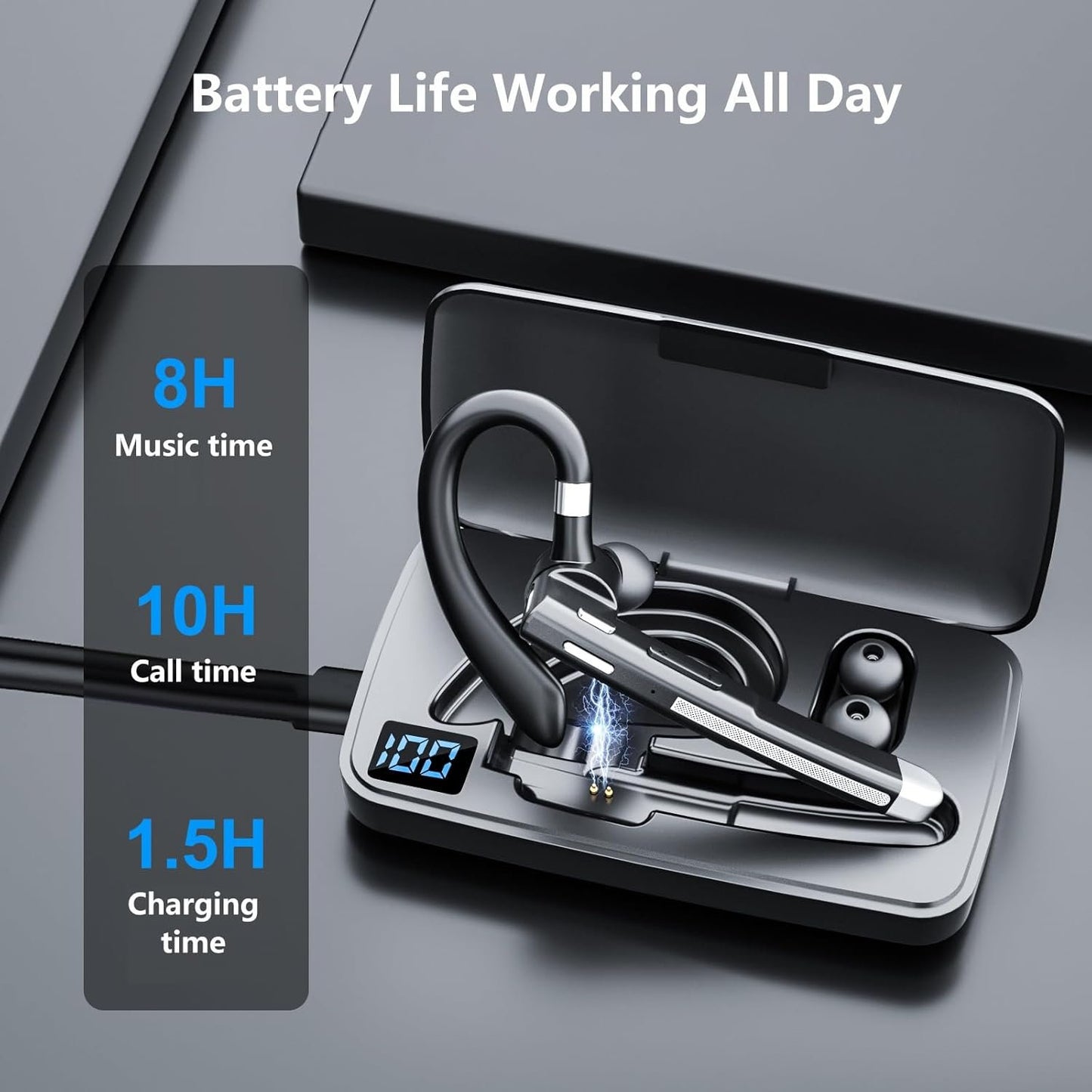 Alinch Bluetooth Headset V5.3 Bluetooth Headphones Bluetooth Earpiece with Microphone ENC Noise Cancelling Wireless Headset with Long Battery Display Charging Case for iPhone/Android