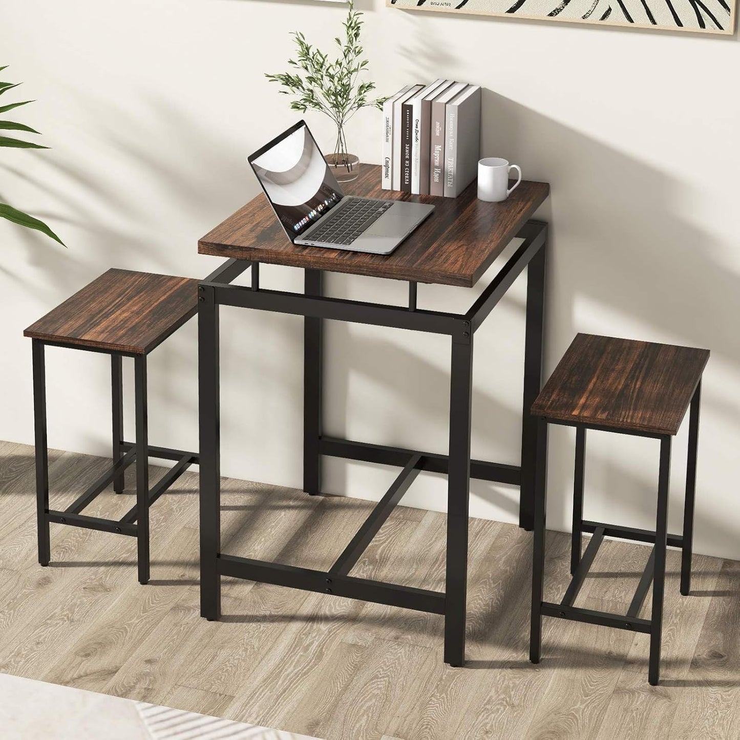 Costway 3 Pieces Bar Table Set, Square Counter Height Table with Stools, Floating Tabletop & Footrest, Industrial Pub Table Set for Small Space, Breakfast Nook, Kitchen, Rustic Brown