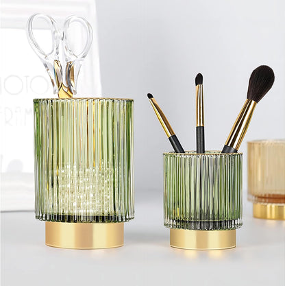 DASITON Makeup Brush holder Organizer,Crystal Cosmetic Makeup Brush Glass Brushes Storage Holder, Vintage Make Up Brush Cup Pen Pencil Holder striped vase(Green S+L）