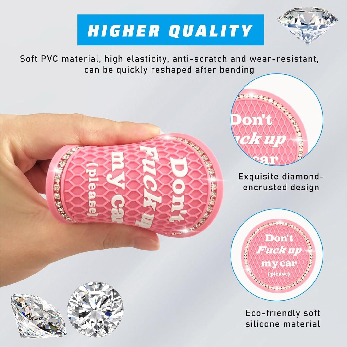 Sylvil 4 PCS Bling Car Cup Coaster, 2.75 Inch Anti-Slip Cup Holder Insert Coasters, Universal Crystal Rhinestone Auto Drink Car Cup Mat, Interior Car Accessories for Women Girls (Pink)