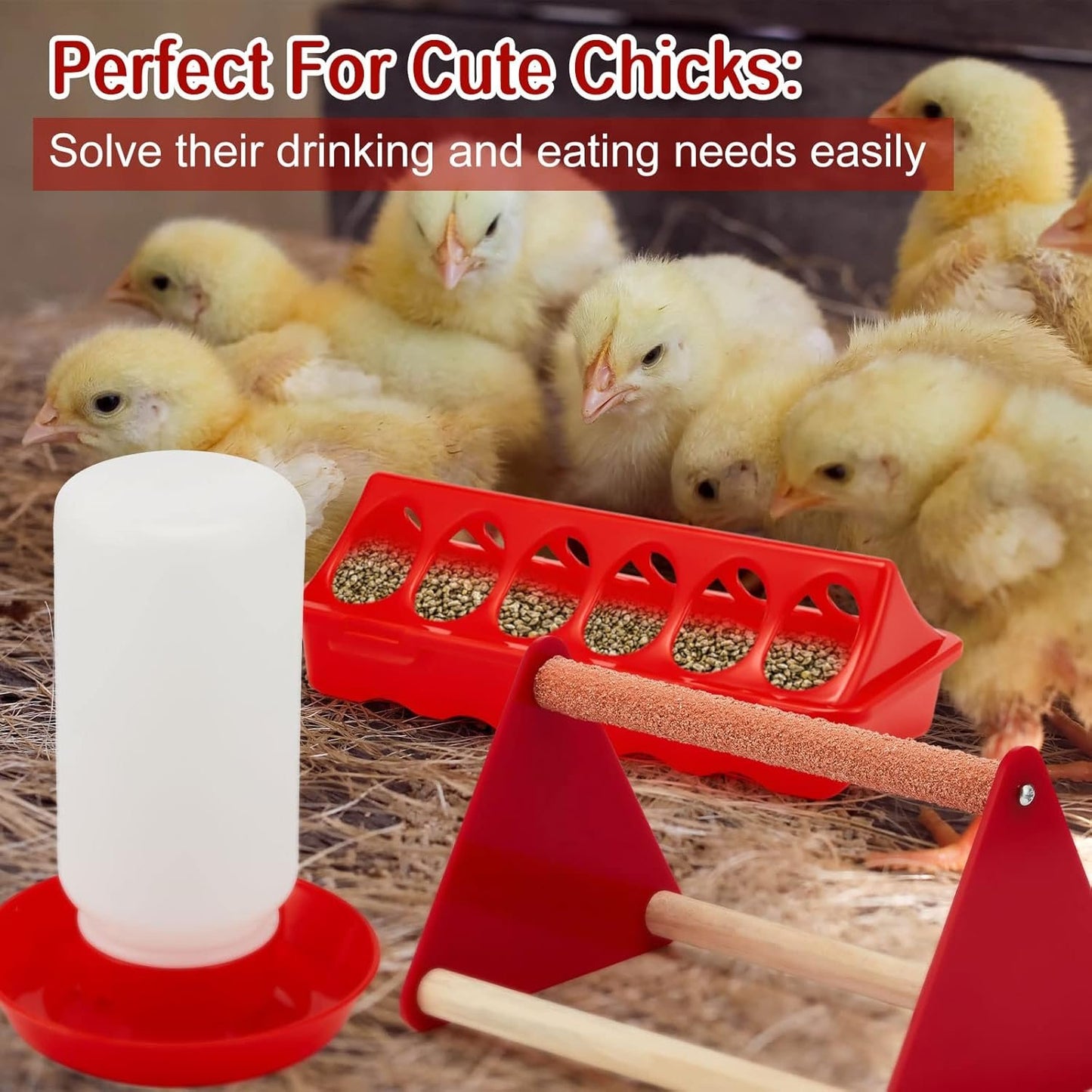 Patelai 7 Pcs Chick Feeder and Waterer Kit Feeding Supplies with Mini Perch Chicken Starter Kit for Coop and Brooder for Small Poultry Ducks Quail