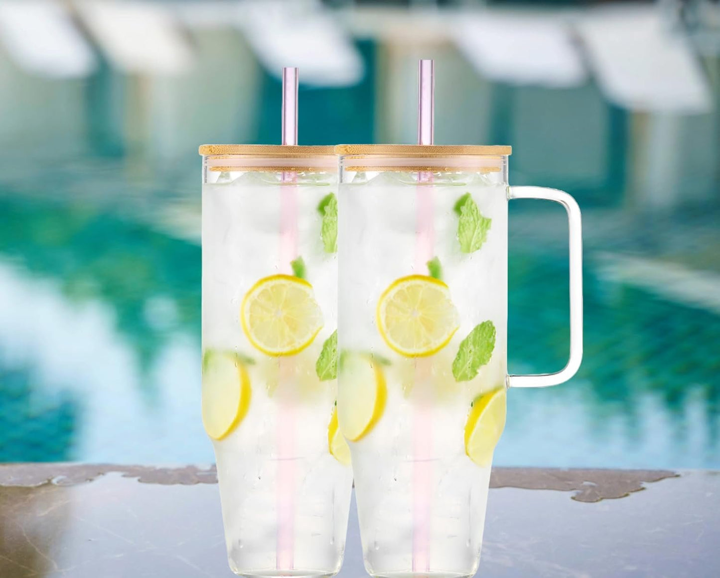 Iris Pur Luxe Glass Tumbler, Blush Pink & White Glass Straws, Lid, Handle, Travel, Drinkware, Coffee Cup, Water Bottle