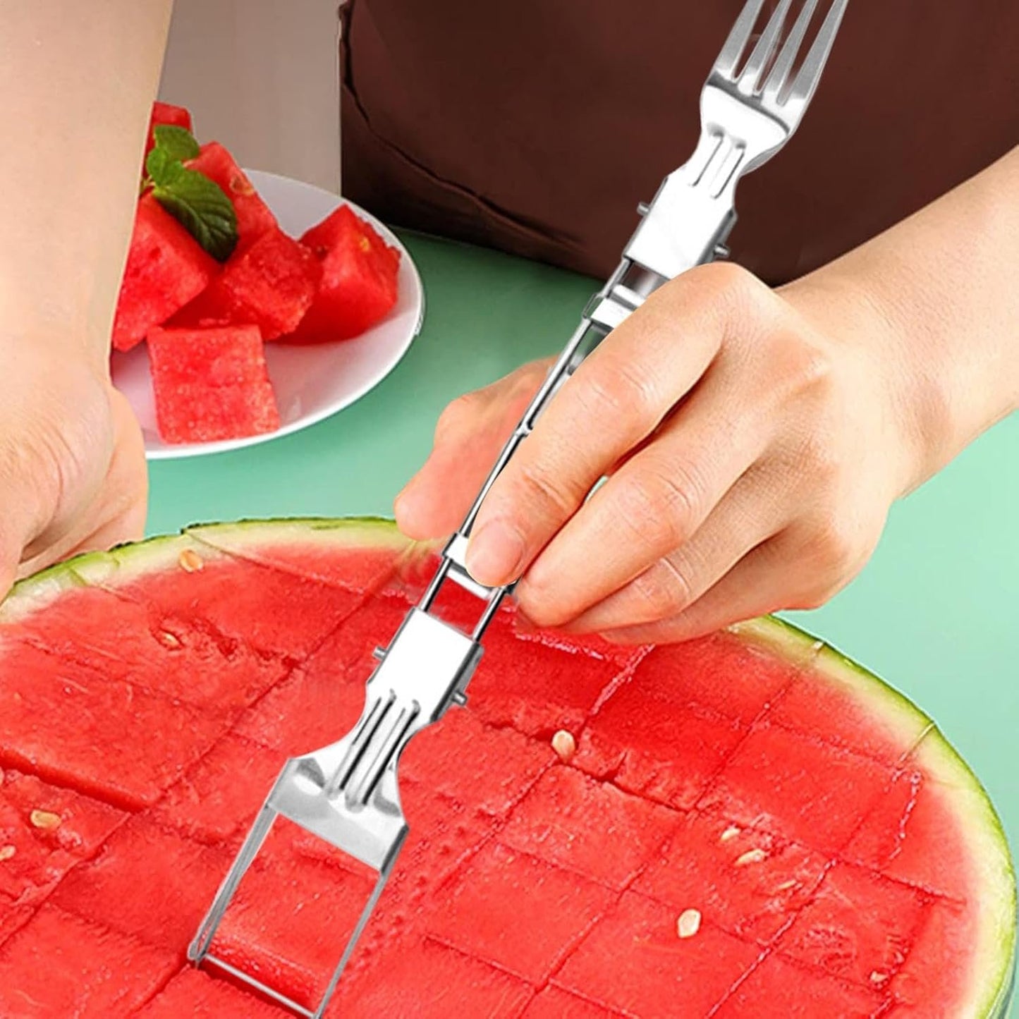 Watermelon Fork Slicer Cutter - Watermelon Slicer Cutter Tool | 2-in-1 Stainless Rust-Proof Splitters Handheld for Meal Prep Vegetable Salad Picnic Snacks Toddler Food Cantaloupe