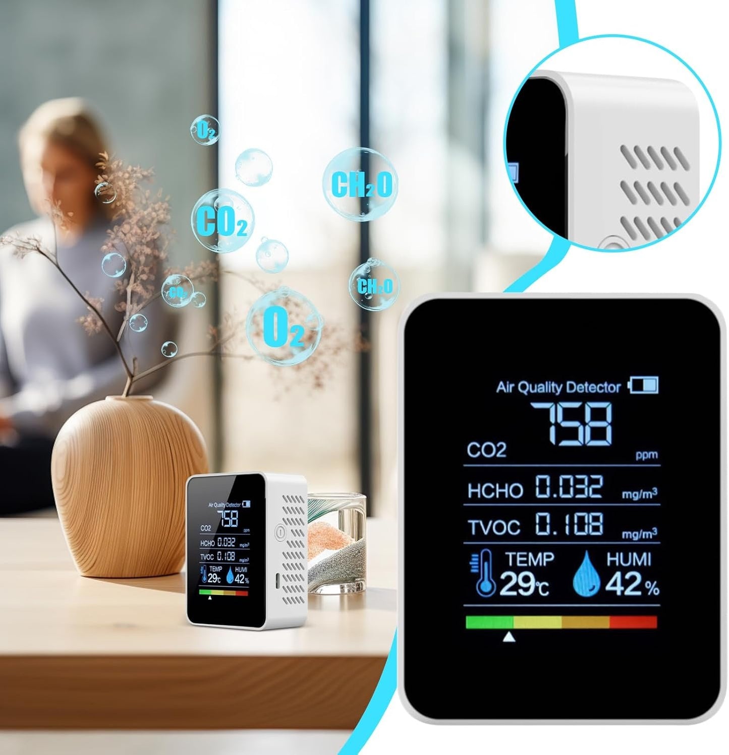 Air Quality Monitor, Portable Accurate Air Quality Measurement Device With Clear Display, CO₂ Detection For Home, Bedroom, Safety, Grow Tents, Indoor Testing, Health Monitoring