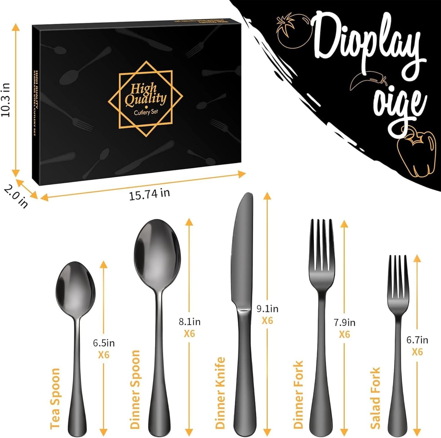 Black Cutlery Set, 30 Piece Stainless Steel Dinnerware Set, Flatware Set Service for 6, Silverware Utensil Set with Knife, Fork, Spoon, Dessertspoon, Use for Home, Restaurant and Gift with Gift Box