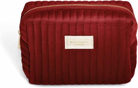 Benevolence LA Plush Velvet Small Makeup Bag for Purse | Cosmetic Pouch, Travel Toiletry Organizer for Women, Quilted Bag for Accessories - Red