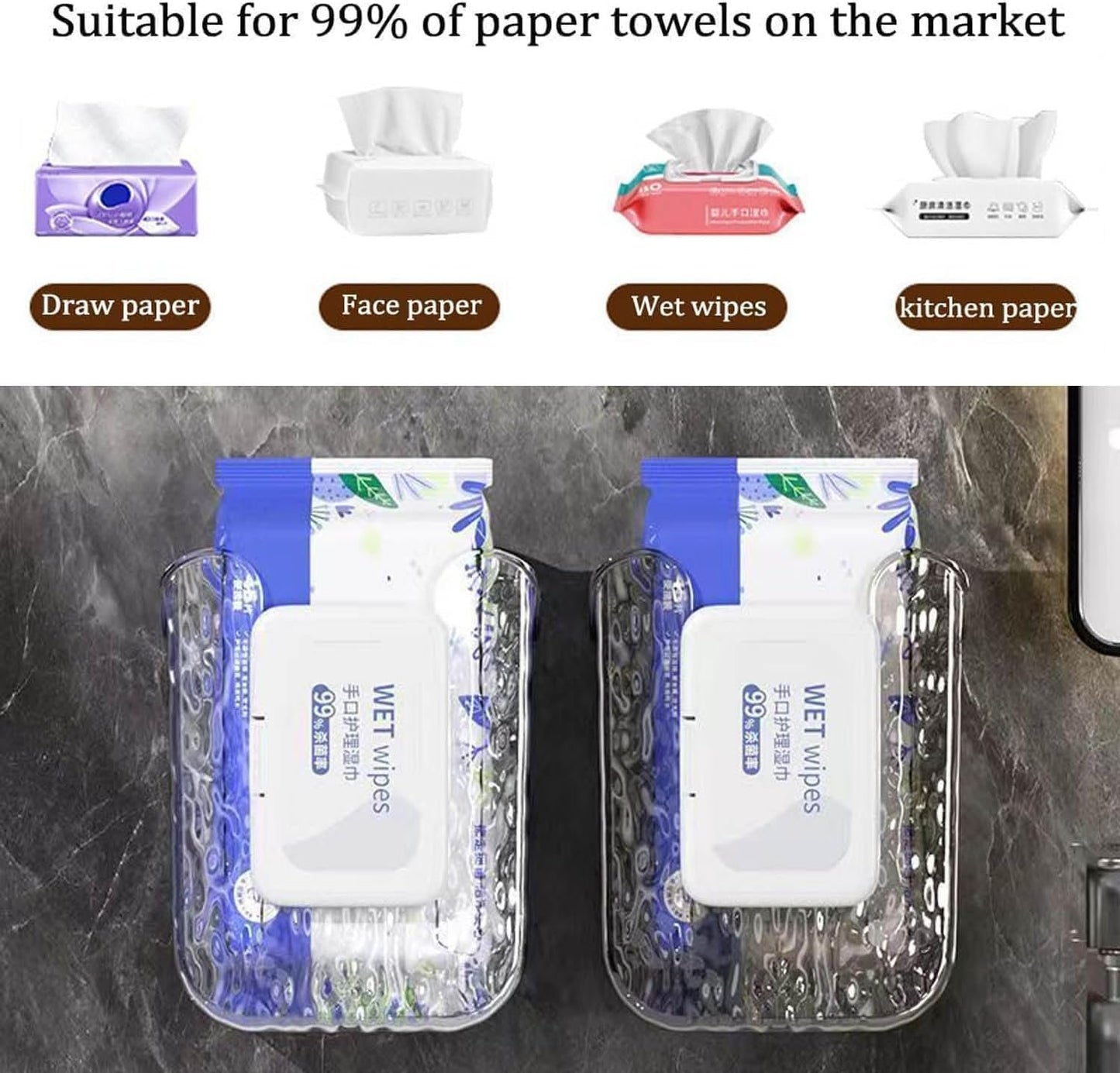 WADY Wall Mounted Wipes Holder Wipes Wall Mounted Holder Bathroom Wipes Holder Toilet Wipes Holder Punch-Free Wipes Dispenser Kitchen Wipes Storage Box Wipes Organizer Container (Transparent gray)