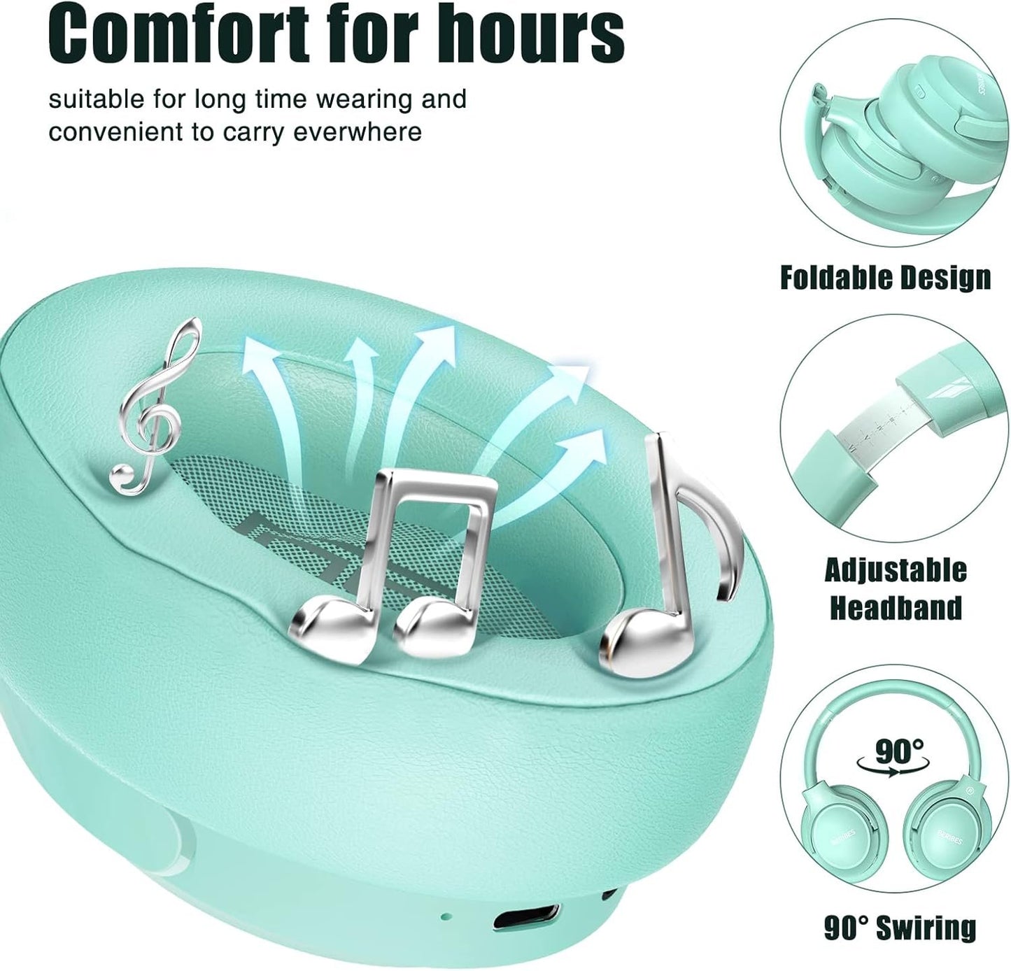 Bluetooth Headphones Over Ear,BERIBES 65H Playtime and 6 EQ Music Modes Wireless Headphones with Microphone,HiFi Stereo Foldable Lightweight Headset, Deep Bass for Home Office Cellphone PC Ect.(Green)