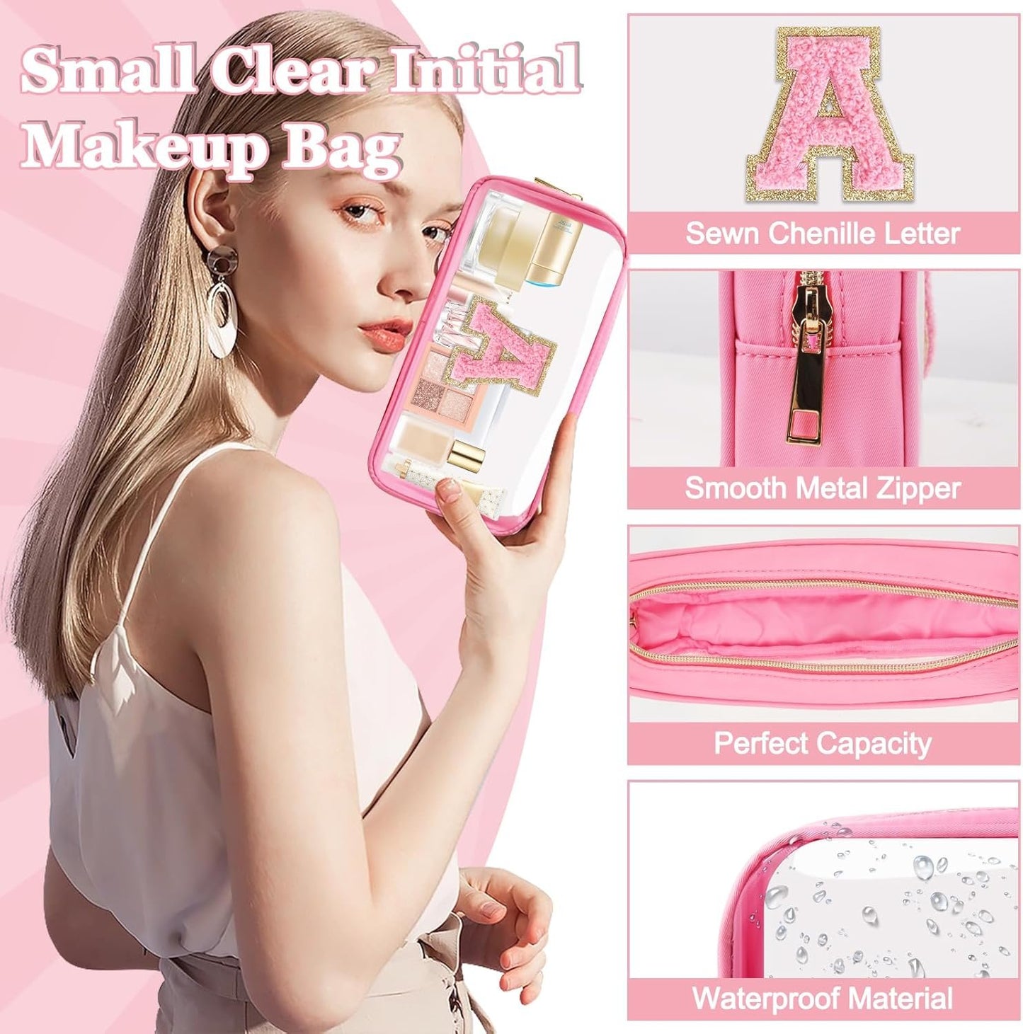 Iqimott Mini Clear Personalized Initial Makeup Bag, Nylon Preppy A-Z Chenille Letter Patch Zipper Cosmetic Bag, Small Cute Pouch Travel Coin Purse Toiletry Bag, Small-Pink, A