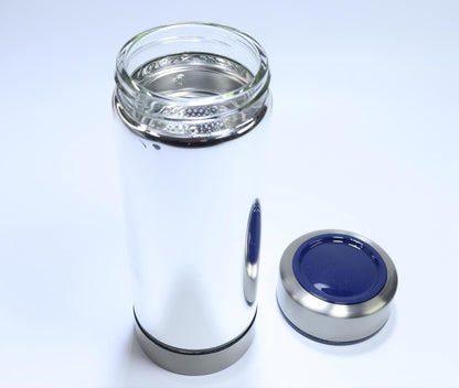 16.9oz/480ml Vacuum Insulated Glass Bottle, Drinking Cup，glass lined thermos， Borosilicate glass body,Glass liner inside(Blue Lid)