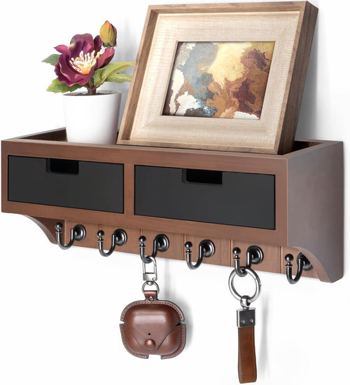 Rebee Vision Modern Farmhouse Key Holder Wall Mount with 2 Drawer Organizer : Mail Organizer with 6 Key Hooks and Wall Shelf - Home Organization for Room Decor (Brown & Black)