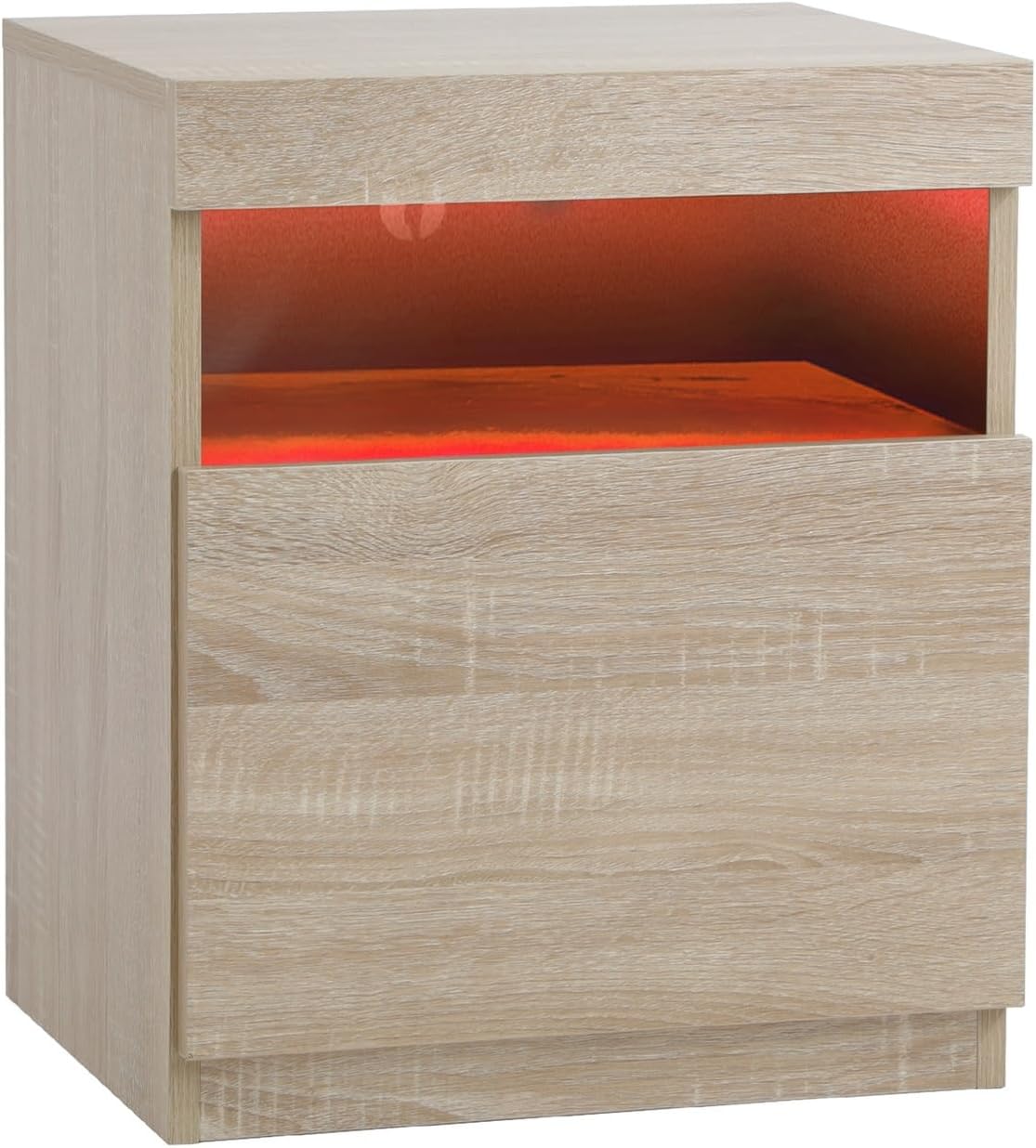 Oikiture Bed Side Table with LED Light Open Shelf and Storage Cabinet Wooden Bedside Table Nightstand