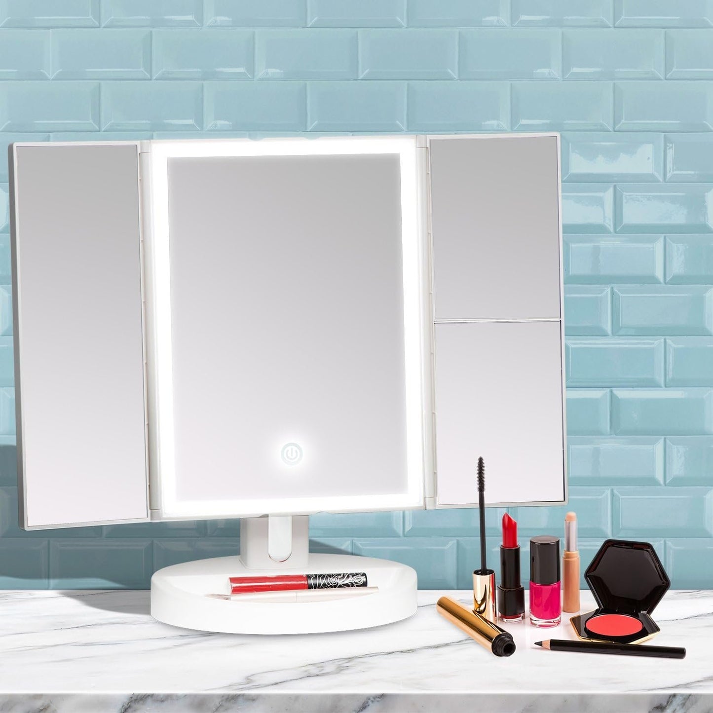Fancii LED Lighted Vanity Makeup Mirror, Trifold Mirror with 5X and 10x Magnifications - 34 Dimmable Natural Lights, Touch Screen, Best Adjustable Countertop Mirror with Cosmetic Stand (Tria)