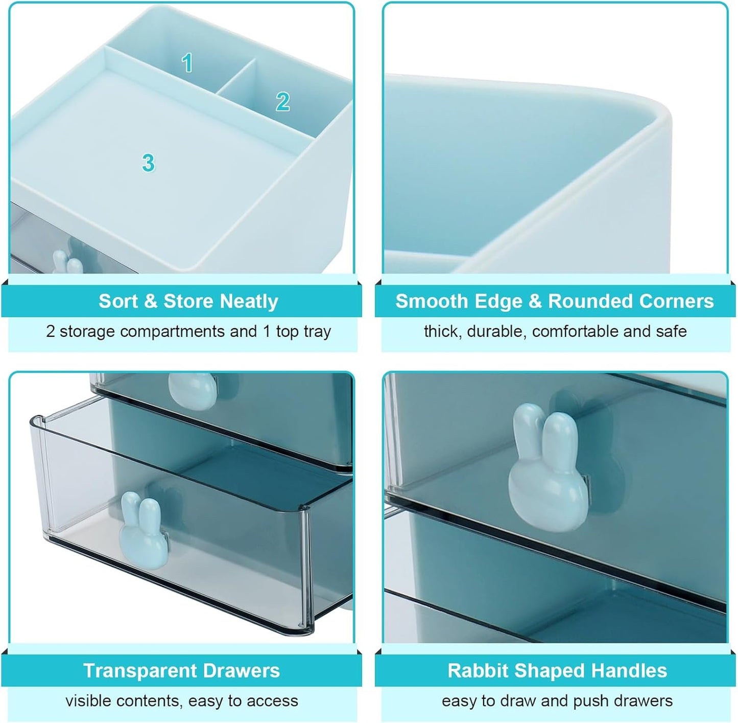 Meiikun Desk Organizer with 2 Drawers, 2 Compartments & a Top Tray, Small Desktop Organizers, Cute Makeup Brush Holder, Office Accessories Home Organization for Women, 13 cm x 15 cm x 11.5 cm (Blue)