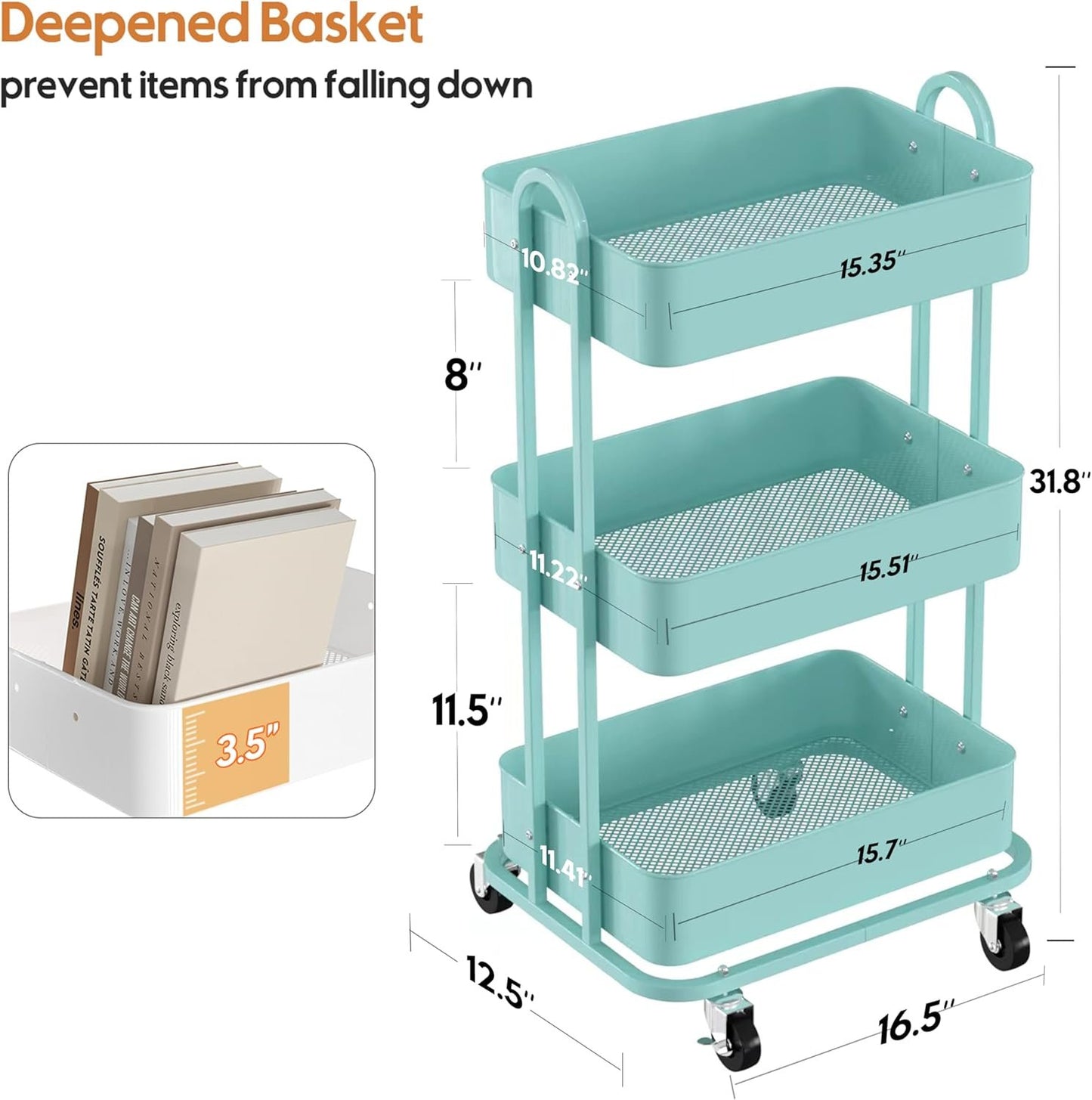 Ceayell 3-Tier Full Metal Utility Rolling Cart for Storage and Organization Cart for Office, Bathroom, Kitchen (Turquoise)