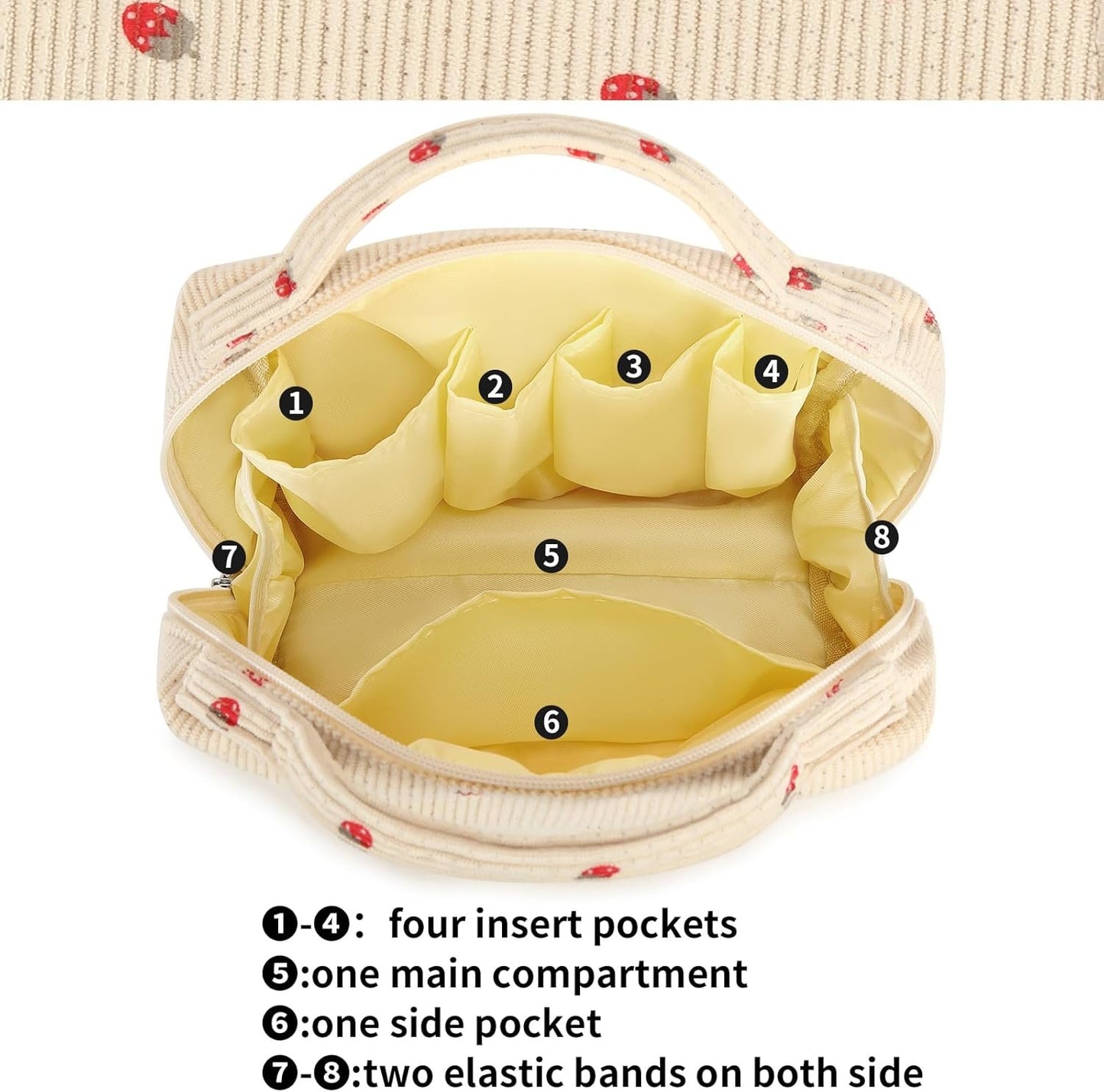 Bluboon Makeup Bag Zipper Pouch Travel Portable Cosmetic Bag Organizer for Women and Girls, Beige Strawberry Corduroy, Strawberry Corduroy Beige Cosmetic Bag