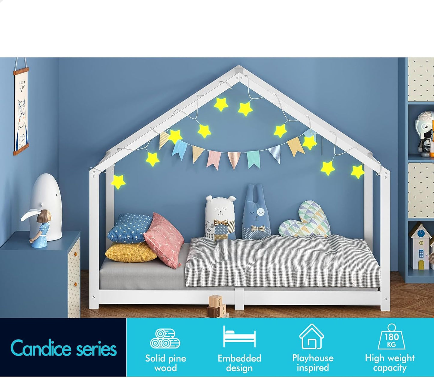 ALFORDSON Kids Bed Frame Wooden Timber House Frame Single Mattress Base Platform, Solid Pine Wood Bed Base Foundation Children's Beds, Nellie Series Bedroom Furniture (White w/o Guard Rail)