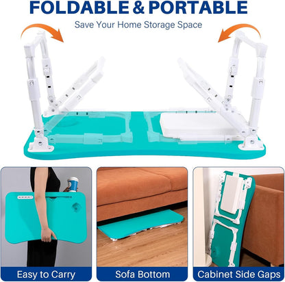 Laptop Desk for Bed, Height Adjustable Laptop Bed Table, Foldable Portable Lap Desk Stand with USB/Storage Drawer/Cup Holder/Slot, Breakfast Tray for Working Reading Writing Eating