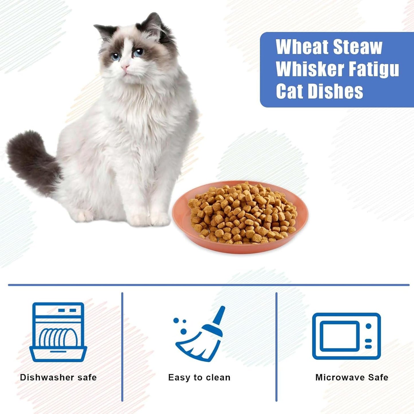 8pcs Cat Food Bowls, 6 inch Whisker Fatigue Cat Bowls for Food and Water Wheat Straw Shallow Wide Cat Dish Plates Colorful Kittens Wet Feeding Watering Tray for Pet Cats Dogs