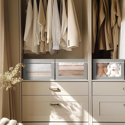 DIMJ 4Pcs Storage Bins with Lid, Collapsible Storage Box with Portable Handle and Transparent Viewing Window,Foldable Storage Box Stackable Storage Containers for Clothes Books Light-Grey