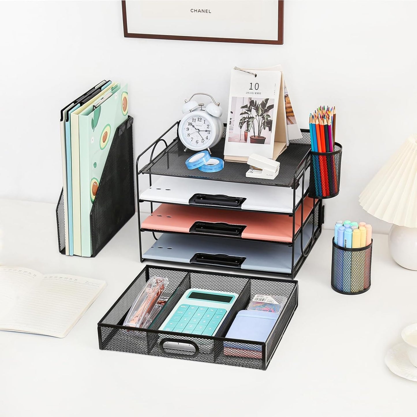 Desk Organizer with File Holder, 4-Tier Letter Paper Tray Organizer with Drawer & 2 Pen Holders, Desk Organizers and Accessories, Mesh Desktop File Organizer and Storage for Office Supplies