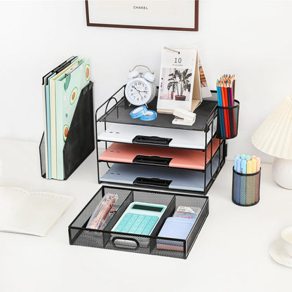 Desk Organizer with File Holder, 4-Tier Letter Paper Tray Organizer with Drawer & 2 Pen Holders, Desk Organizers and Accessories, Mesh Desktop File Organizer and Storage for Office Supplies