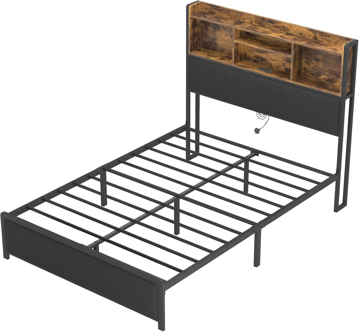 Ufurniture Queen Size Bed Frame with Storage Upholstered Headboard & USB Ports & LED Light,Industrial PU Leather Platform Bed with Metal Mattress Base Support, Rustic Black (Queen)
