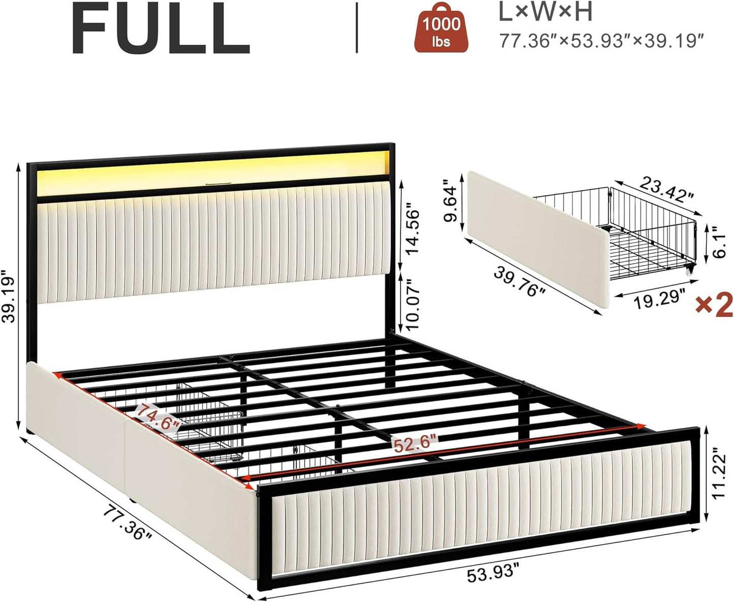 ROLETALENT Full Bed Frame with Headboard and 2 Storage Drawers, Upholstered Bed Frame Full Size with Charging Station & LED,Velvet Platform Bed Frame, Metal Support,No Box Spring Needed,Beige