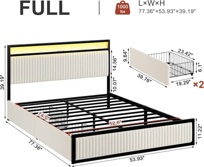 ROLETALENT Full Bed Frame with Headboard and 2 Storage Drawers, Upholstered Bed Frame Full Size with Charging Station & LED,Velvet Platform Bed Frame, Metal Support,No Box Spring Needed,Beige