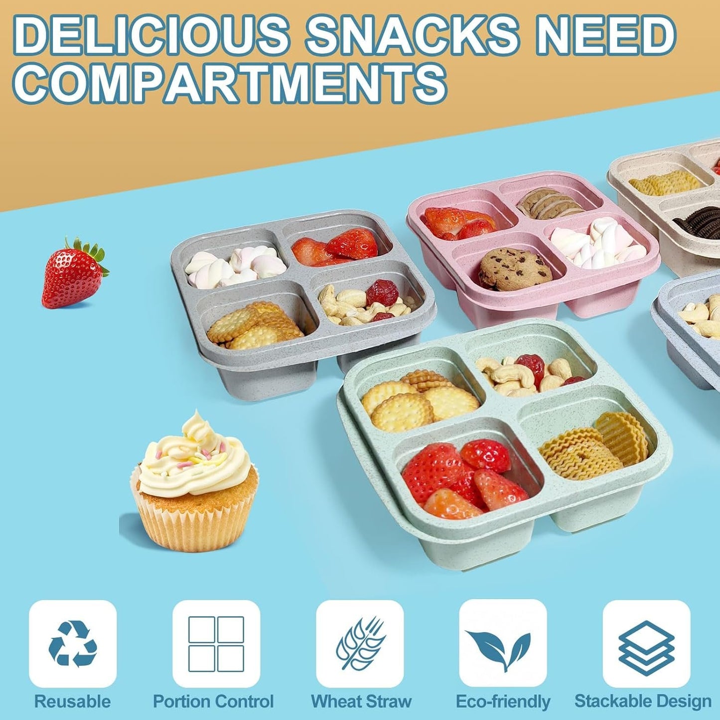 ozazuco 4 Pack Snack Containers, Divided Bento Snack Box, 4 Compartments Reusable Meal Prep Lunch Containers for Kids Adults, Food Storage Containers for School Work Travel