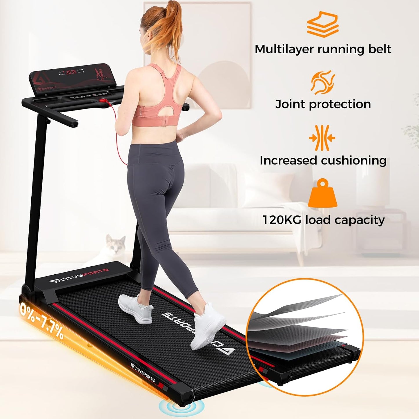 CITYSPORTS Folding Electric Treadmill 1-12 km/h, Inclination 7.7%