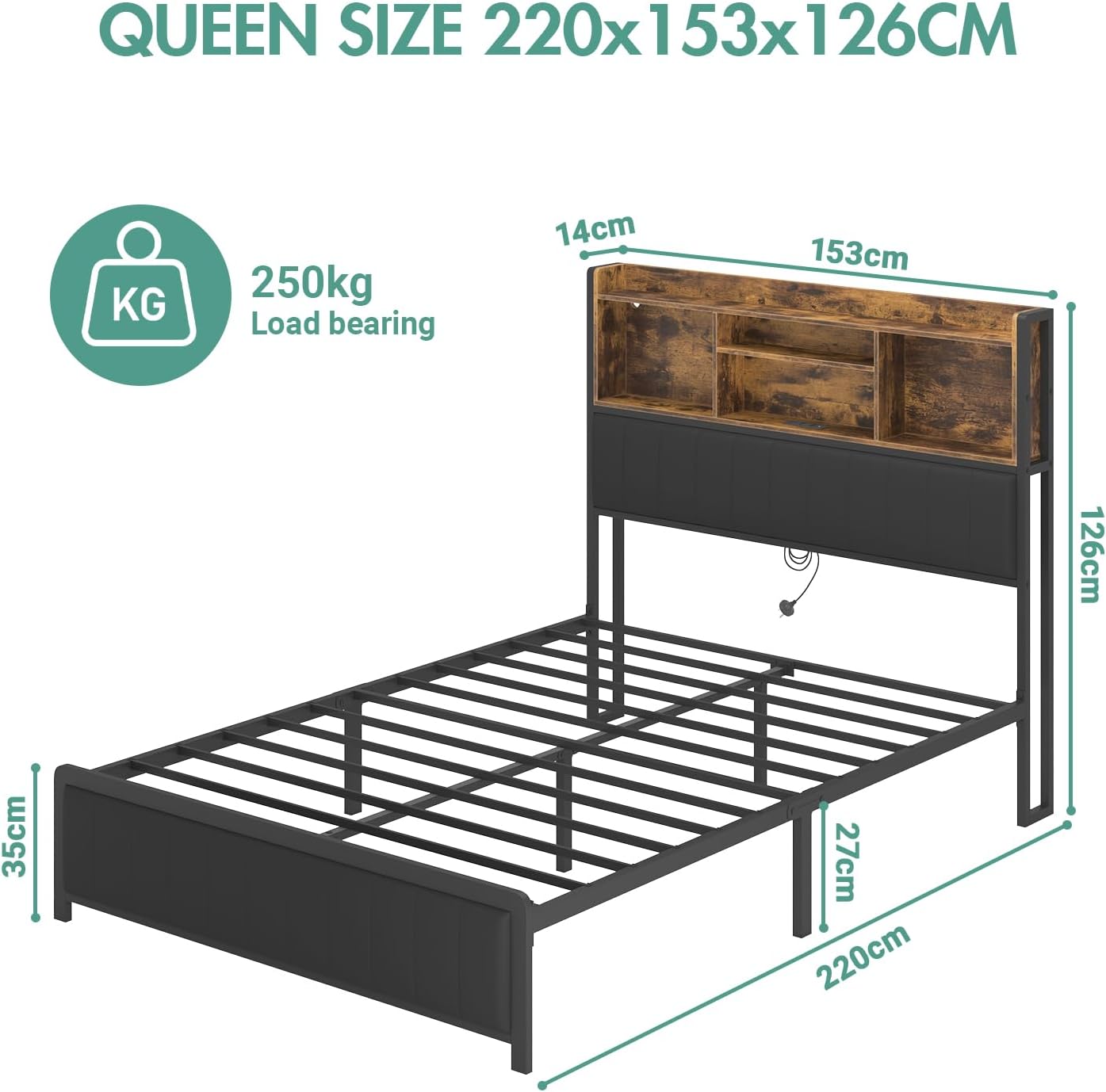 Ufurniture Queen Size Bed Frame with Storage Upholstered Headboard & USB Ports & LED Light,Industrial PU Leather Platform Bed with Metal Mattress Base Support, Rustic Black (Queen)