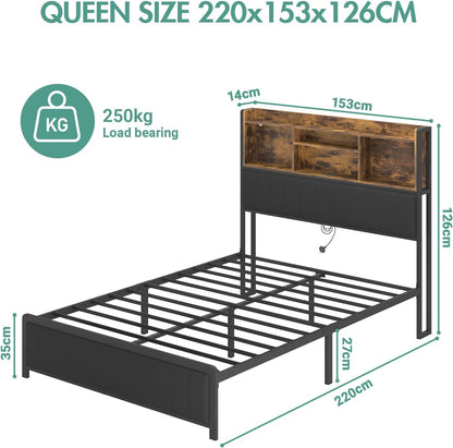 Ufurniture Queen Size Bed Frame with Storage Upholstered Headboard & USB Ports & LED Light,Industrial PU Leather Platform Bed with Metal Mattress Base Support, Rustic Black (Queen)