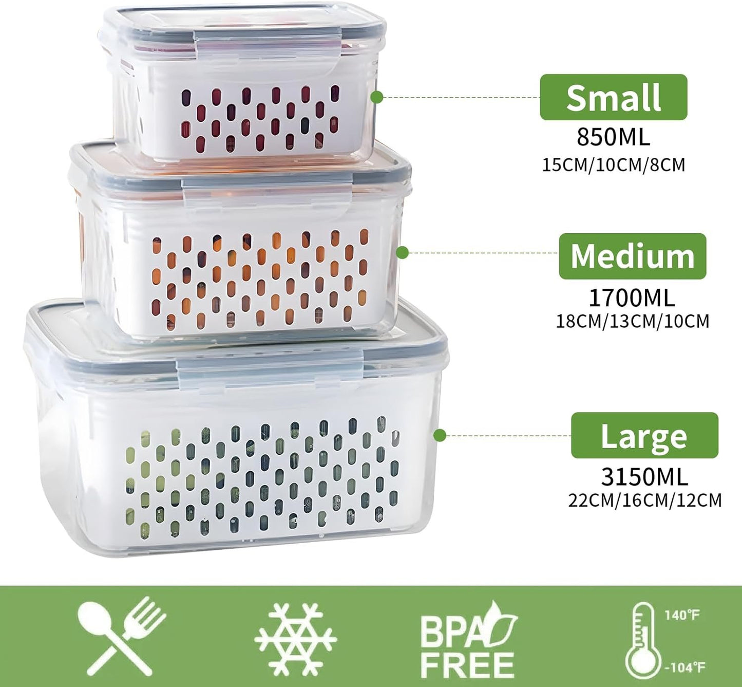 TFMODBFA 3 PCS Fruit Storage Containers for Fridge With Removable Colanders, Food-Grade Freezer-Sealed Fruit Containers for Fridge Keep Fruit Fresh for Long Periods of Time and Dishwasher Safe