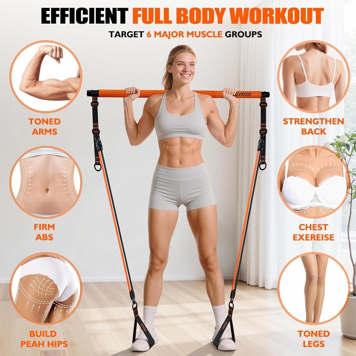 Pilates Bar Kit with Resistance Bands, Portable Pilates Equipment for Legs, Hip, Waist, Arm, Squats Exercise Equipment for Home Gym Workouts, Adjustable Pilates Bar Set for Full Body Workouts