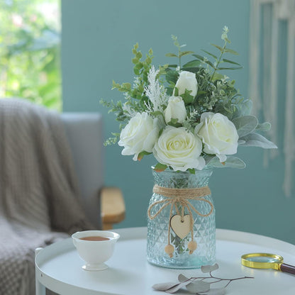 VIERENA Faux Flowers with Vase,Artificial Silk Roses in Vase,Fake Plant Eucalyptus Flower Arrangement for Home Office Farmhouse Bathroom Dining Table Centerpiece Decorations (White),106-HS-BAI