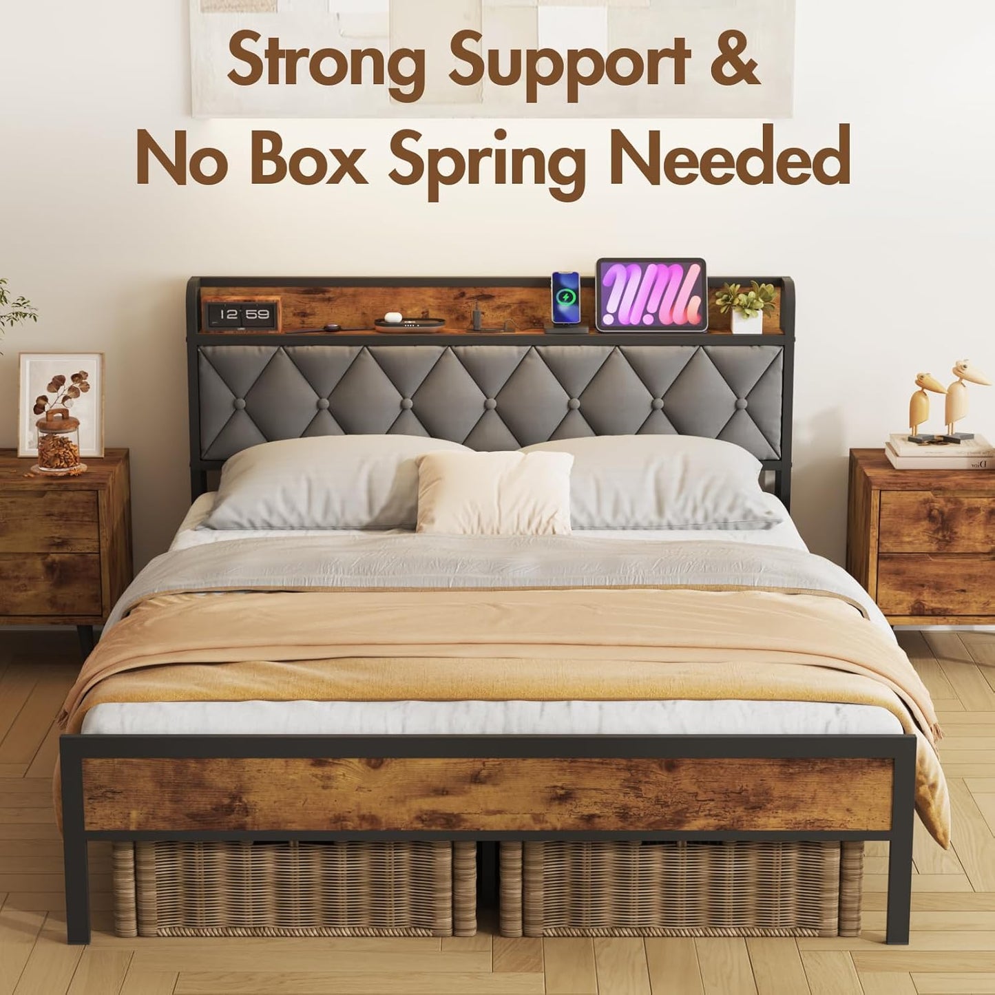 ADVWIN Double Size Bed Frame, Storage Tufted Headboard & Charging Station and USB Ports, Industrial Upholstered Platform Bed, No Box Spring Needed, Rustic Brown & Gray(Double)