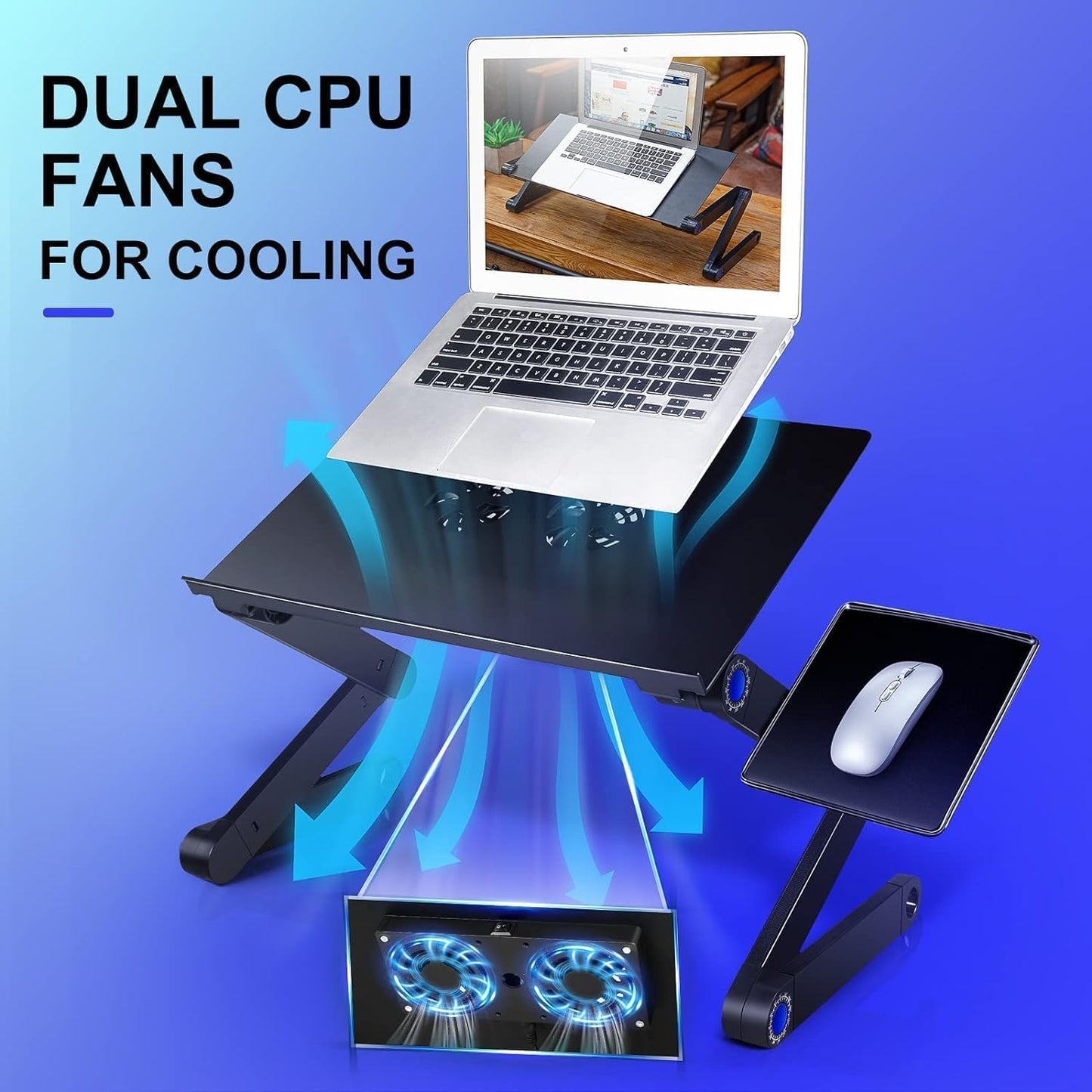 XICEN Height Adjustable Laptop Table, Portable Computer Laptop Desk Foldable Table Workstation Notebook Riser with 2 CPU Cooling USB Fans and Mouse Pad, Laptop Stand Holder for Bed Sofa Office