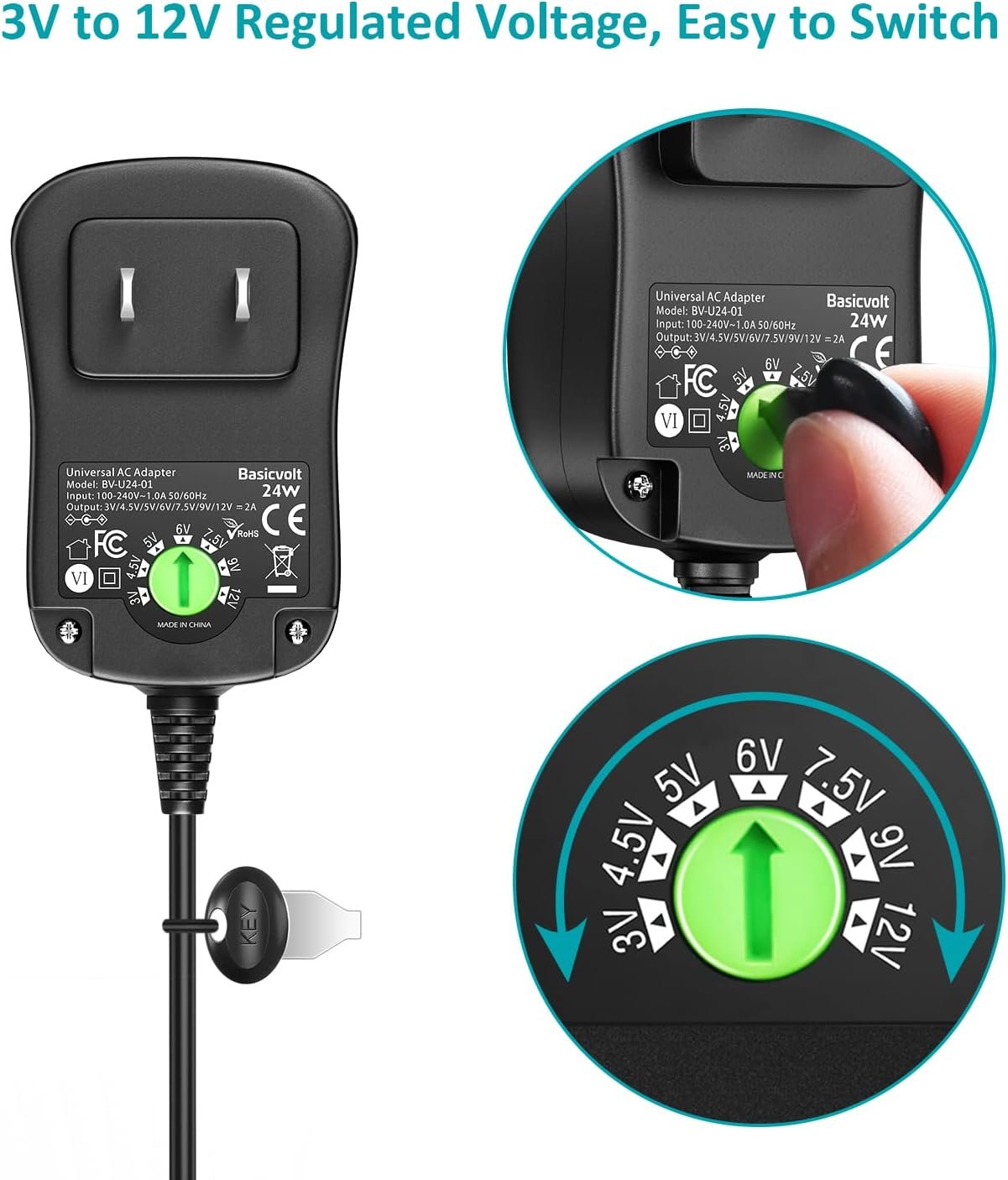 Basicvolt Universal AC/DC Adapter Multi-Voltage Switching Power Supply with 11 DC Tips for 3V 4.5V 5V 6V 7.5V 9V 12V Household Electronics - 2.0A 24Watt Max