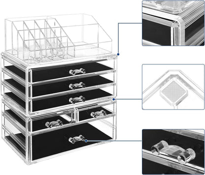 SONGMICS Organizer Trucchi con 6 Cassetti, Grande Organizzatore per Cosmetici in Acrilico, per Tavolozza, Pennello, Fondotinta, Rossetto, Smalto per Unghie, Forcine, Trasparente JKA009TP