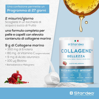 STARDEA Collagen + Beauty | Hydrolyzed Marine Collagen Type 1 with Hyaluronic Acid and Biotin | Hydration, Anti-ageing Skin Tone, Skin and Hair Flavour Pomegranate Powder 275 g