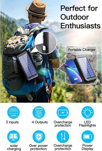 Solar Power Bank 30000mAh Built in 3 Cables, Fast Charging Portable Phone Charger,4 Outputs with Dual LED Flashlights Battery Pack for iPhone Samsung Tablet Outdoor Camping (Black)