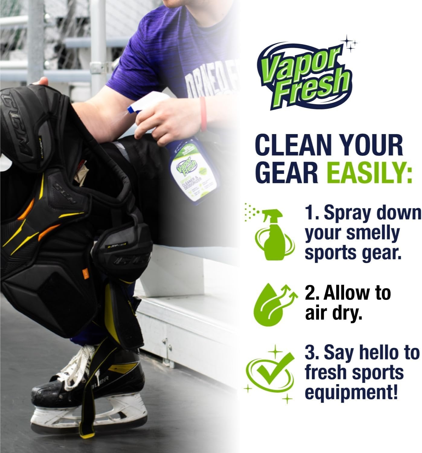 Vapor Fresh Sports Cleaner and Deodorizer, 16 Fl Oz, Hockey and Sports Gear Odor Eliminator, Boxing Glove Deodorizer, Gym Equipment Spray, Natural and Plant Based (1-Pack)