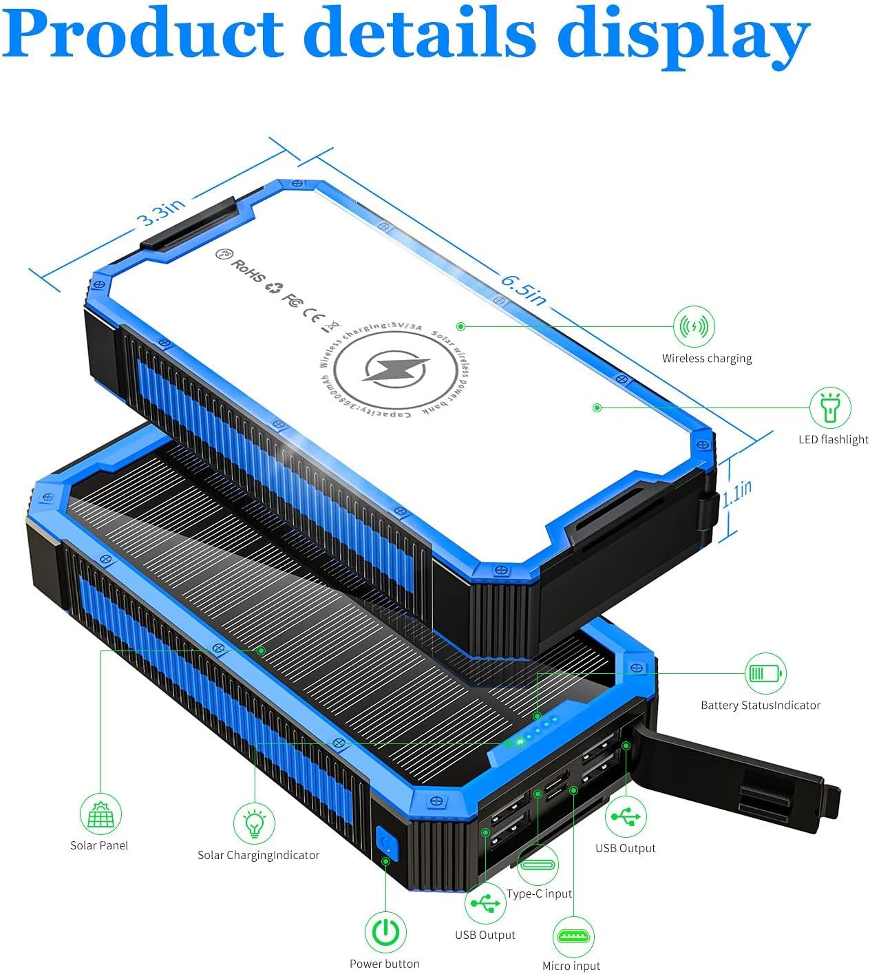 Solar Portable Power Bank 6 Mobile Phones at The Same Time 36800mA Solar Charger with LED Camping Lights High-Capacity External Battery Pack Wireless Portable Charger Outdoor Camping (Blue)